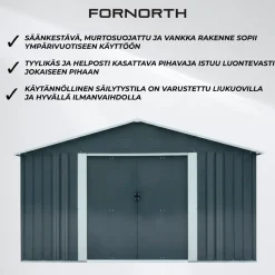 Pihavarasto Fornorth, sokkelilla, harmaa, eri kokoja