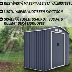 Pihavarasto Fornorth, sokkelilla, harmaa, eri kokoja