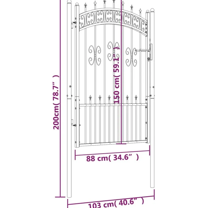 Puutarhaportti keihäskärjilä, 103-406x120-225cm, musta, eri kokoja