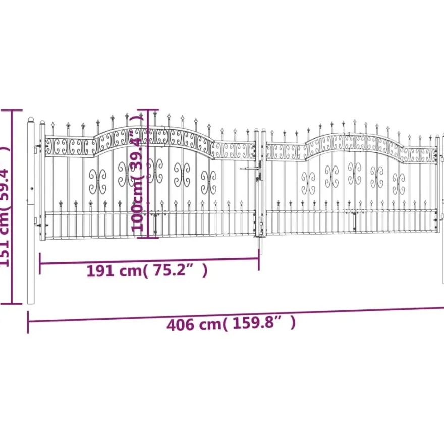 Puutarhaportti keihäskärjilä, 103-406x120-225cm, musta, eri kokoja