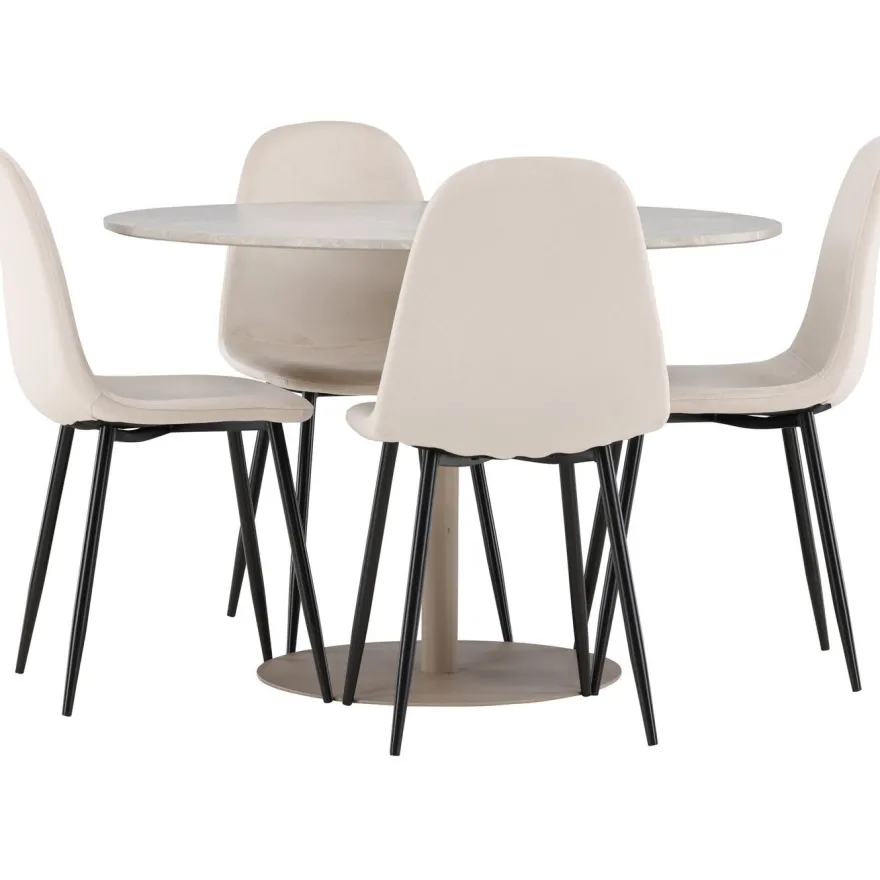 Pyöreä ruokailuryhmä Venture Home, Ø110cm beige Lycke-pöytä + 4 Polar-tuolia, sametti