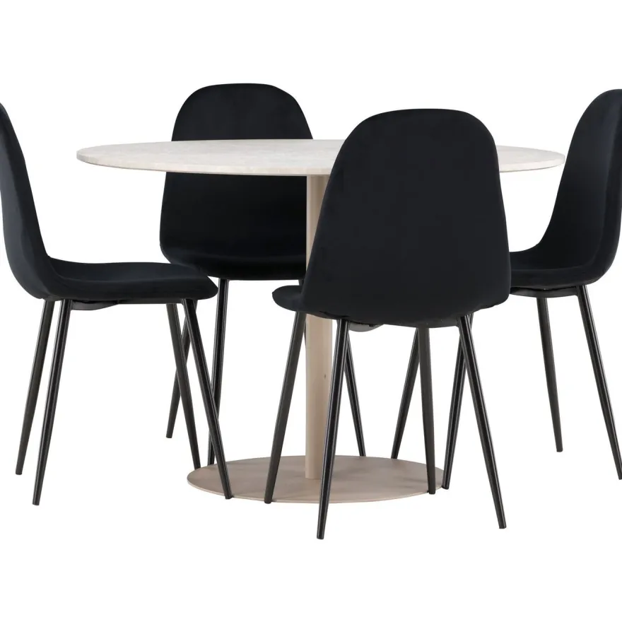 Pyöreä ruokailuryhmä Venture Home, Ø110cm beige Lycke-pöytä + 4 Polar-tuolia, sametti