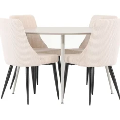 Pyöreä ruokailuryhmä Venture Home, Ø120cm beige Plaza-pöytä + 4 beigeä Leone-tuolia, vakosametti