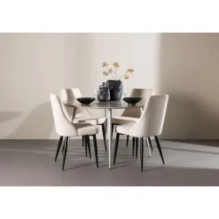 Pyöreä ruokailuryhmä Venture Home, Ø120cm beige Plaza-pöytä + 4 beigeä Leone-tuolia, vakosametti
