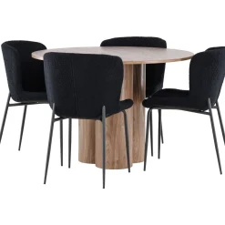 Pyöreä ruokailuryhmä Venture Home, Ø110cm Olivia-pöytä + 4 mustaa Modesto-tuolia, teddy