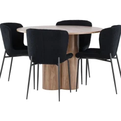 Pyöreä ruokailuryhmä Venture Home, Ø110cm Olivia-pöytä + 4 mustaa Modesto-tuolia, teddy