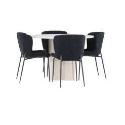 Pyöreä ruokailuryhmä Venture Home, Ø110cm Olivia-pöytä + 4 mustaa Modesto-tuolia, teddy
