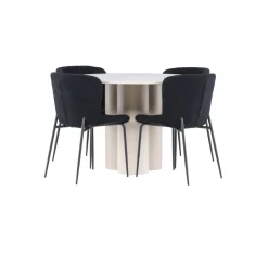 Pyöreä ruokailuryhmä Venture Home, Ø110cm Olivia-pöytä + 4 mustaa Modesto-tuolia, teddy