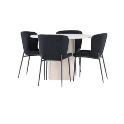 Pyöreä ruokailuryhmä Venture Home, Ø110cm Olivia-pöytä + 4 mustaa Modesto-tuolia, teddy