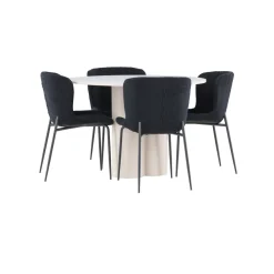Pyöreä ruokailuryhmä Venture Home, Ø110cm Olivia-pöytä + 4 mustaa Modesto-tuolia, teddy