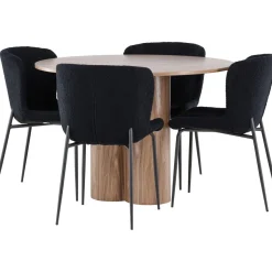 Pyöreä ruokailuryhmä Venture Home, Ø110cm Olivia-pöytä + 4 mustaa Modesto-tuolia, teddy