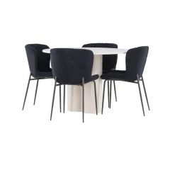 Pyöreä ruokailuryhmä Venture Home, Ø110cm Olivia-pöytä + 4 mustaa Modesto-tuolia, teddy