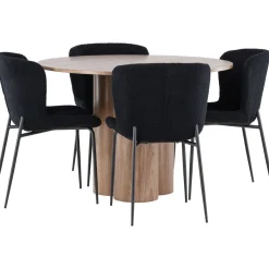 Pyöreä ruokailuryhmä Venture Home, Ø110cm Olivia-pöytä + 4 mustaa Modesto-tuolia, teddy