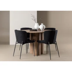 Pyöreä ruokailuryhmä Venture Home, Ø110cm Olivia-pöytä + 4 mustaa Modesto-tuolia, teddy