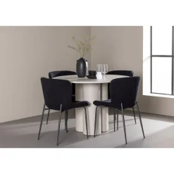 Pyöreä ruokailuryhmä Venture Home, Ø110cm Olivia-pöytä + 4 mustaa Modesto-tuolia, teddy