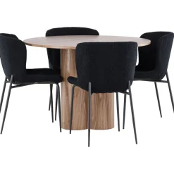 Pyöreä ruokailuryhmä Venture Home, Ø110cm Olivia-pöytä + 4 mustaa Modesto-tuolia, teddy