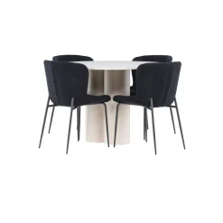 Pyöreä ruokailuryhmä Venture Home, Ø110cm Olivia-pöytä + 4 mustaa Modesto-tuolia, teddy