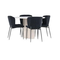 Pyöreä ruokailuryhmä Venture Home, Ø110cm Olivia-pöytä + 4 mustaa Modesto-tuolia, teddy