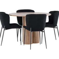 Pyöreä ruokailuryhmä Venture Home, Ø110cm Olivia-pöytä + 4 mustaa Modesto-tuolia, teddy