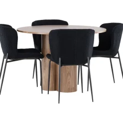 Pyöreä ruokailuryhmä Venture Home, Ø110cm Olivia-pöytä + 4 mustaa Modesto-tuolia, teddy