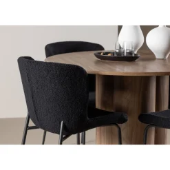 Pyöreä ruokailuryhmä Venture Home, Ø110cm Olivia-pöytä + 4 mustaa Modesto-tuolia, teddy
