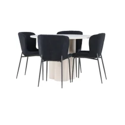 Pyöreä ruokailuryhmä Venture Home, Ø110cm Olivia-pöytä + 4 mustaa Modesto-tuolia, teddy