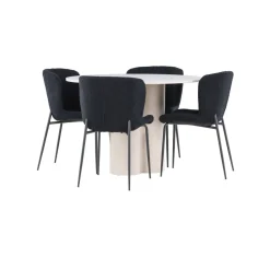 Pyöreä ruokailuryhmä Venture Home, Ø110cm Olivia-pöytä + 4 mustaa Modesto-tuolia, teddy