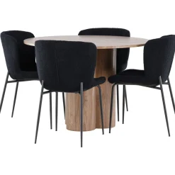 Pyöreä ruokailuryhmä Venture Home, Ø110cm Olivia-pöytä + 4 mustaa Modesto-tuolia, teddy