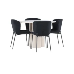 Pyöreä ruokailuryhmä Venture Home, Ø110cm Olivia-pöytä + 4 mustaa Modesto-tuolia, teddy