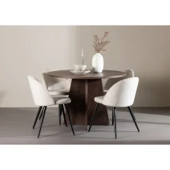 Pyöreä ruokailuryhmä Venture Home, Ø110cm ruskea Bootcut-pöytä + 4 beigeä Velvet-tuolia, sametti
