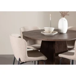 Pyöreä ruokailuryhmä Venture Home, Ø110cm ruskea Bootcut-pöytä + 4 beigeä Modesto-tuolia, bouclé
