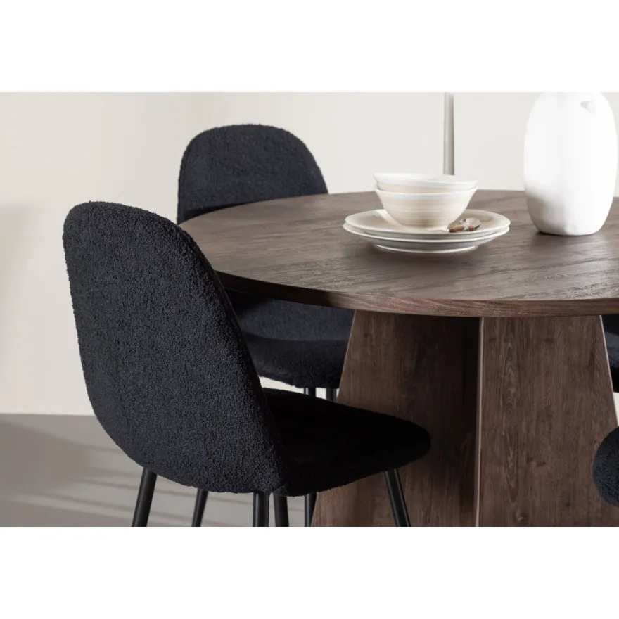 Pyöreä ruokailuryhmä Venture Home, Ø110cm ruskea Bootcut-pöytä + 4 mustaa Polar-tuolia, teddy