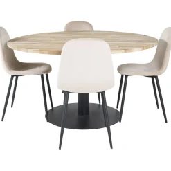 Pyöreä ruokailuryhmä Venture Home, Ø140cm ruskea Cirebon-pöytä + 4 Polar-tuolia, sametti