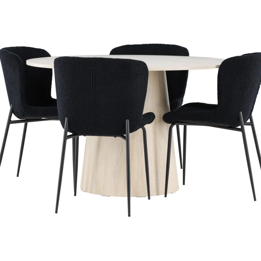 Pyöreä ruokailuryhmä Venture Home, Ø120cm vaalea Lanzo-pöytä + 4 mustaa Modesto-tuolia, teddy