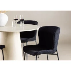 Pyöreä ruokailuryhmä Venture Home, Ø120cm vaalea Lanzo-pöytä + 4 mustaa Modesto-tuolia, teddy