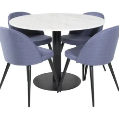 Pyöreä ruokailuryhmä Venture Home, Ø106cm valkoinen Estelle-pöytä + 4 sinistä Velvet-tuolia