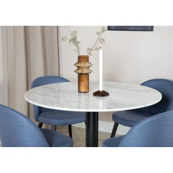 Pyöreä ruokailuryhmä Venture Home, Ø106cm valkoinen Estelle-pöytä + 4 sinistä Velvet-tuolia