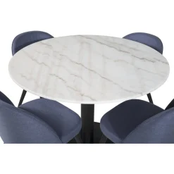 Pyöreä ruokailuryhmä Venture Home, Ø106cm valkoinen Estelle-pöytä + 4 sinistä Velvet-tuolia
