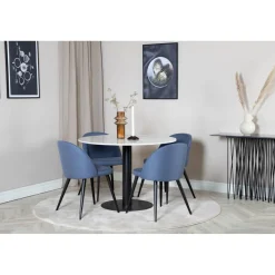 Pyöreä ruokailuryhmä Venture Home, Ø106cm valkoinen Estelle-pöytä + 4 sinistä Velvet-tuolia