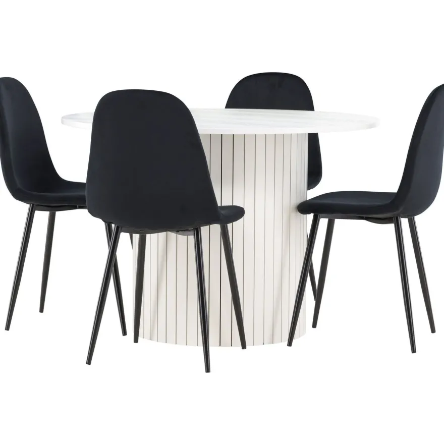 Pyöreä ruokailuryhmä Venture Home, Ø110cm valkoinen Härön-pöytä + 4 Polar-tuolia, sametti