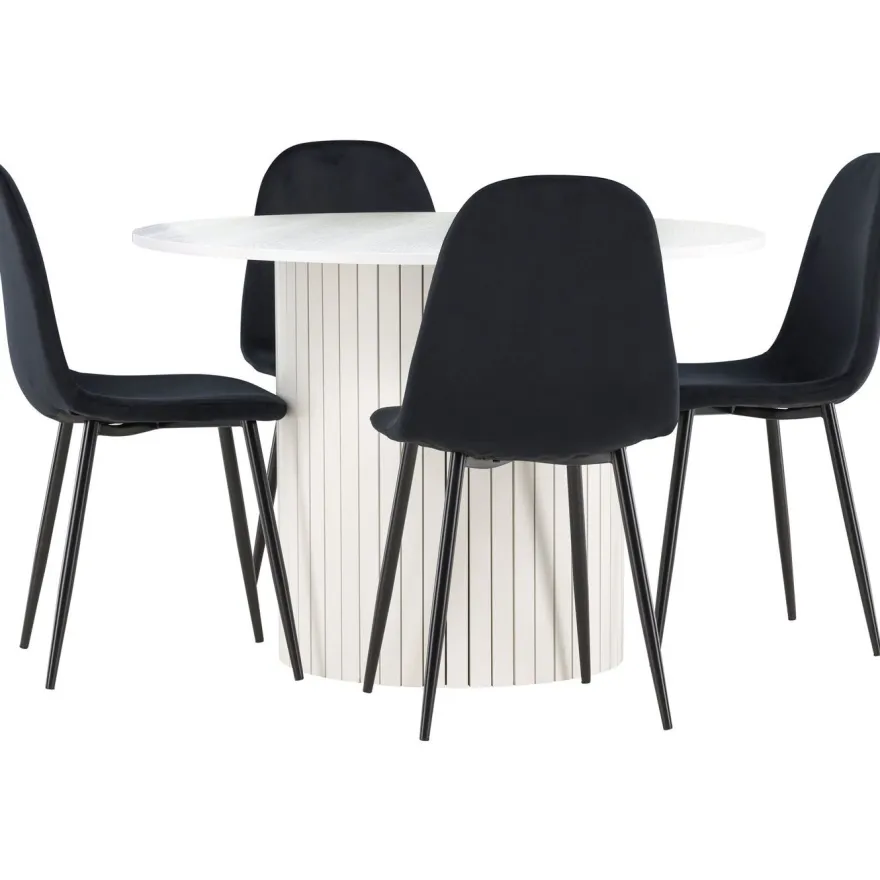 Pyöreä ruokailuryhmä Venture Home, Ø110cm valkoinen Härön-pöytä + 4 Polar-tuolia, sametti