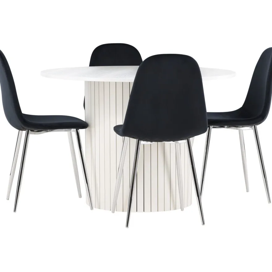 Pyöreä ruokailuryhmä Venture Home, Ø110cm valkoinen Härön-pöytä + 4 Polar-tuolia, sametti