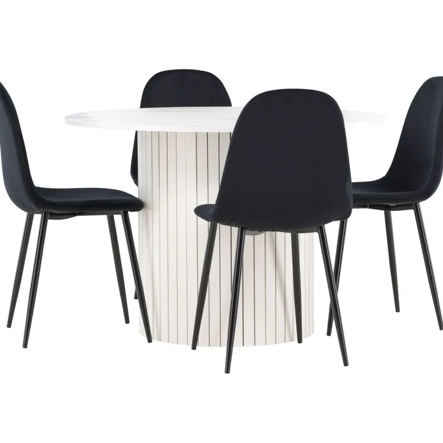 Pyöreä ruokailuryhmä Venture Home, Ø110cm valkoinen Härön-pöytä + 4 Polar-tuolia, sametti