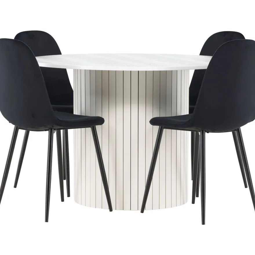 Pyöreä ruokailuryhmä Venture Home, Ø110cm valkoinen Härön-pöytä + 4 Polar-tuolia, sametti