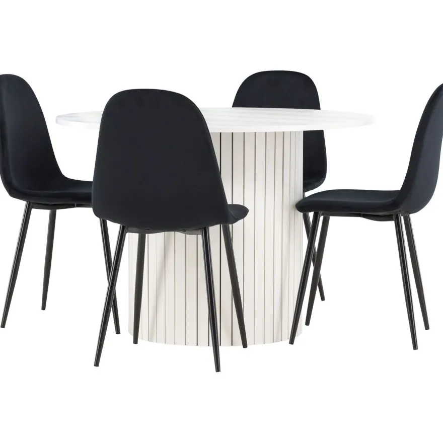 Pyöreä ruokailuryhmä Venture Home, Ø110cm valkoinen Härön-pöytä + 4 Polar-tuolia, sametti