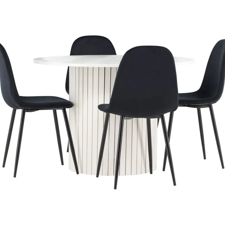 Pyöreä ruokailuryhmä Venture Home, Ø110cm valkoinen Härön-pöytä + 4 Polar-tuolia, sametti
