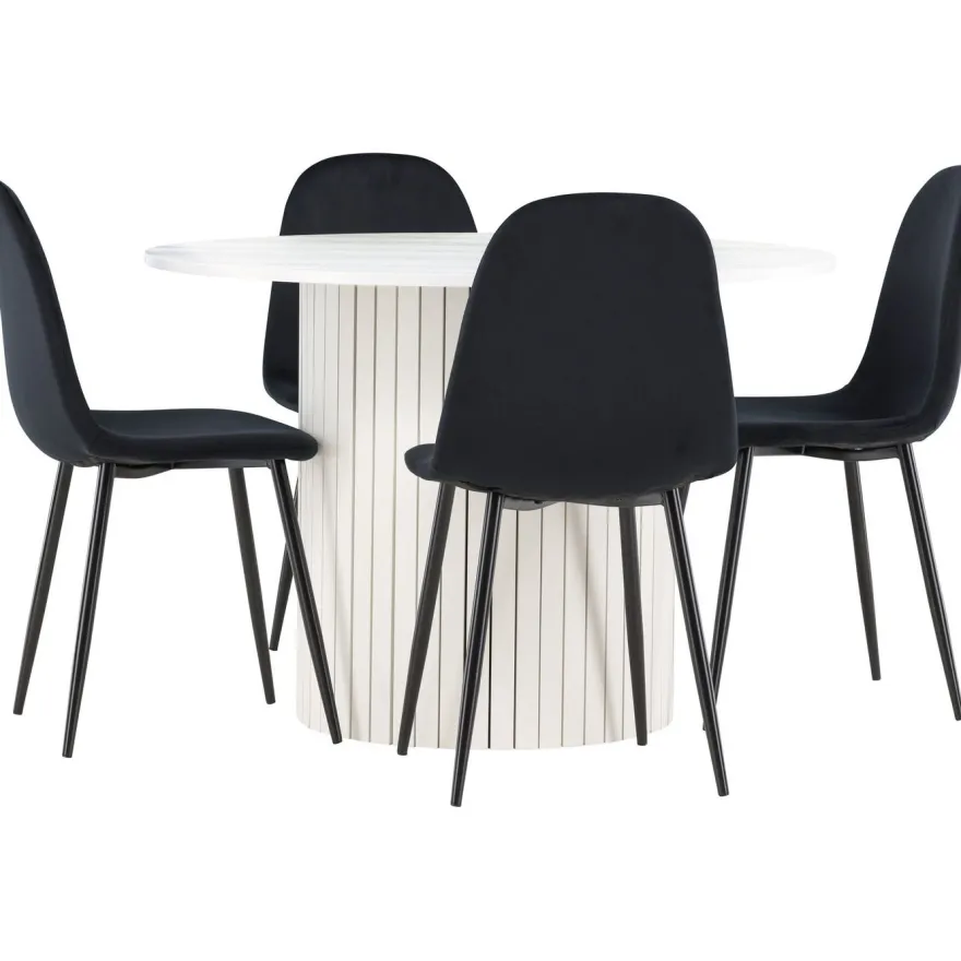 Pyöreä ruokailuryhmä Venture Home, Ø110cm valkoinen Härön-pöytä + 4 Polar-tuolia, sametti