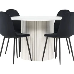 Pyöreä ruokailuryhmä Venture Home, Ø110cm valkoinen Härön-pöytä + 4 Polar-tuolia, sametti