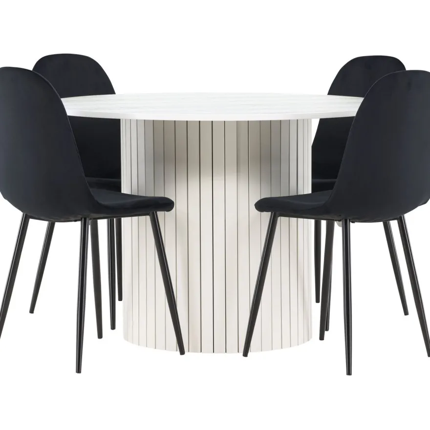 Pyöreä ruokailuryhmä Venture Home, Ø110cm valkoinen Härön-pöytä + 4 Polar-tuolia, sametti