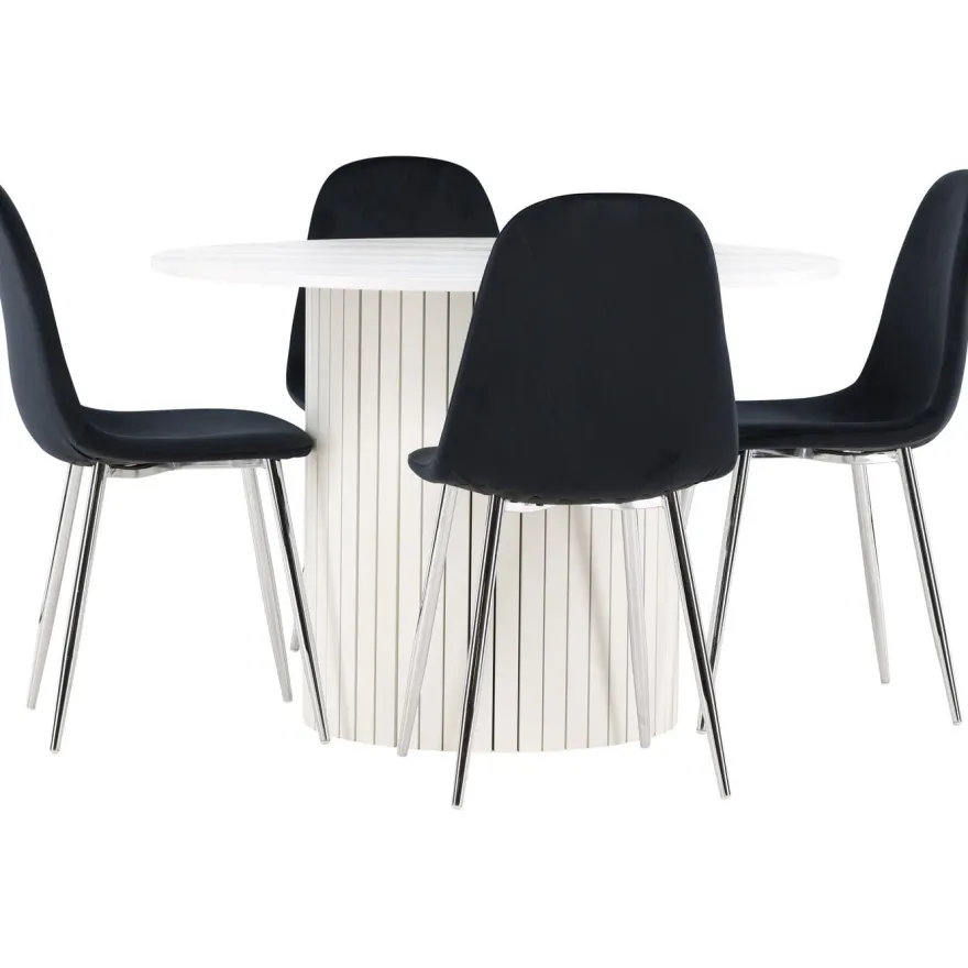 Pyöreä ruokailuryhmä Venture Home, Ø110cm valkoinen Härön-pöytä + 4 Polar-tuolia, sametti